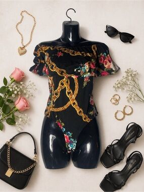 Black Floral & Chain Print Off-Shoulder Bodysuit